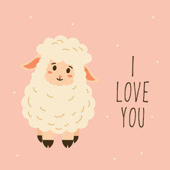 Flat style illustration of a fluffy cartoon sheep with a sweet expression on a pink background and hand-drawn text, ideal for greeting cards, childrens designs, and cute animal-themed projects.