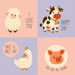 Flat style illustration of cute farm animals with playful text messages, ideal for children's books, greeting cards, and farm-themed designs