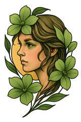 Botanical girl tattoo sketch on transparent PNG for design use.