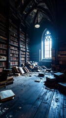 Dark, abandoned library interior with sunlight streaming through a gothic window, evoking mystery and history.