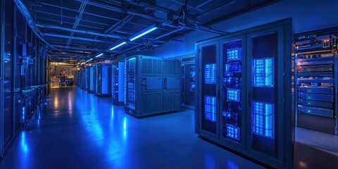 Large server room lit with blue lights