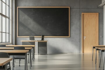 Modern classroom with blank blackboard