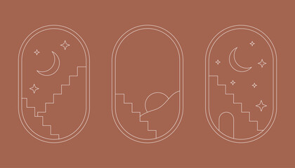 Minimal line landscape frame. Geometric nature scene with staircase abstract elements, esoteric mystic contemporary art. Vector modern border set