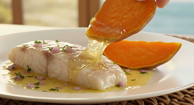 Close-up of leche de tigre-marinated corvina