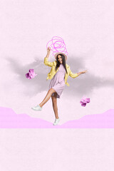 Fototapeta premium Collage of joyful person with crumpled papers and sketchy swirl above head representing ideas stress thinking