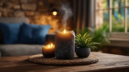 A warm-toned, high-resolution image of an aromatherapy setup with flickering candles and essential oil diffusers on a table in a softly lit living room.