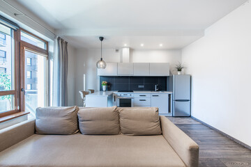 Modern Home Bright Open Concept Apartment Interior with Kitchen and Living Room