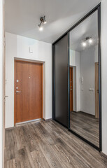 Modern Home Entryway with Wooden Door and Mirrored Sliding Wardrobe