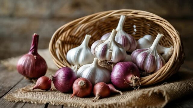 A wooden table featuring a wicker basket filled with garlic and onion