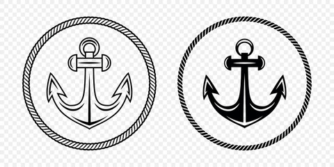 Black and White Anchor Icon Set. Flat Vector Monochrome Anchor Shapes in Circular Rope Frame. Nautical Anchor Symbols, Marine Rope Border Design. Vector Illustration © gomolach