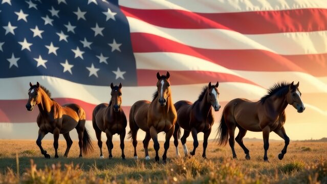 A herd of horses against the backdrop of the US flag. American Flag Day, June 14. US Independence Day, July 4 - Powered by Adobe
