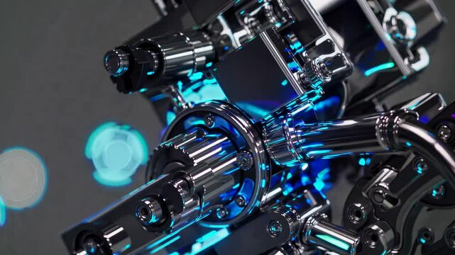 Close-up of intricate metallic machinery with shiny chrome parts and blue lighting. The machinery features gears and pistons, showcasing engineering precision.