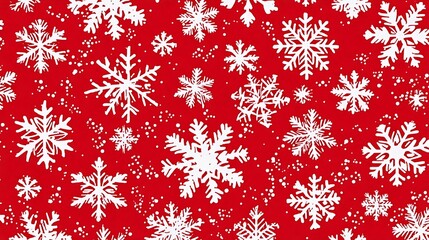 Festive winter pattern of white snowflakes on a red background.