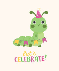 Flat Design Let's Celebrate Illustration with Green Worm and Wearing Party Hat, Decoration