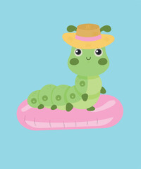 Flat Design Summer  Illustration with Green Worm and Wearing Hat, Swimming Pool