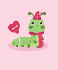 Flat Design Illustration with Green Worm and Wearing Hat, Scarf, Balloon