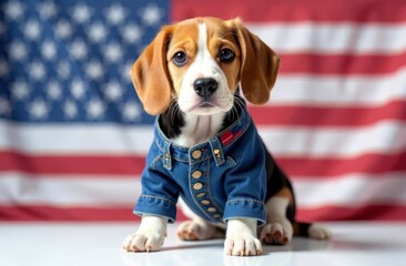 Cute beagle puppy in a vest on the background of the American flag, Independence Day, USA, Flag Day