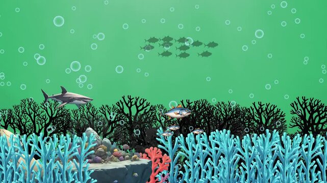 Shark Swimming Near Colorful Coral Reef with Schools of Fish in Green Underwater Scene.Shark and Fish in a Vibrant Cora,Shark and Various Fish Species Near Colorful Corals