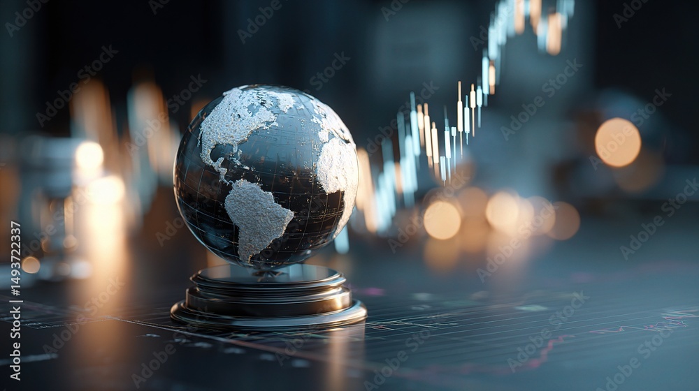 Poster spinning digital globe above stock trader desk with charts and data