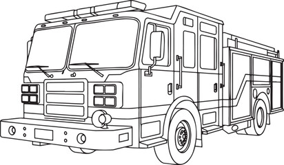 Fire engine truck Outline vector illustration isolated On Transparent Background