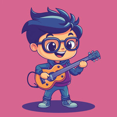 Cartoon boy with glasses playing a yellow acoustic guitar and smiling
