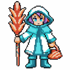 Pixel art mage in blue robe with mystic staff and basket