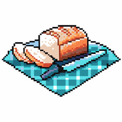 Pixel art bread and knife on checked cloth