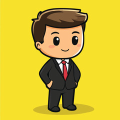 Cartoon Businessman in a Black Suit with a Red Tie Smiling