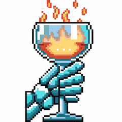 Pixel art robotic hand holding flaming chalice digital futuristic design, fire and technology synthesis