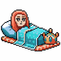 Obraz premium Pixel art character relaxing in bed with cute pet companion