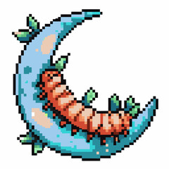 Obraz premium pixel art crescent moon and caterpillar with green leaves nighttime whimsical fantasy scene, retro video game