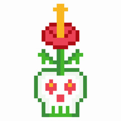 Obraz premium pixel art skull with red rose and cross retro video game inspired design, vibrant digital illustration