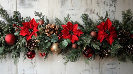Festive Christmas garland with red poinsettias and pine boughs.
