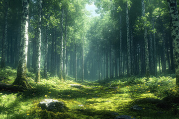 Obraz premium Misty Afternoon in a Photorealistic Mixed Forest