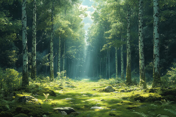 Obraz premium Tranquil Forest Floor Covered in Moss and Ferns