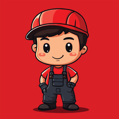 Cartoon character in red cap and dark overalls with hands in pockets