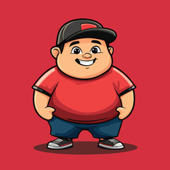 Cartoon Character of a Smiling Overweight Teenager in a Cap and Red Shirt