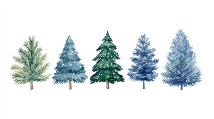 Obraz premium A hand painted watercolor illustration features a decorative row of five unique festive evergreen trees with abstract snow or dots.
