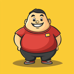 Cartoon character with a wide smile wearing a red shirt and black pants