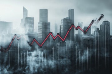 A city skyline overlaid with a fluctuating upward trendline graph
