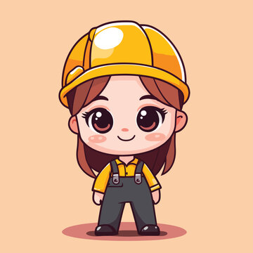 Cartoon construction worker girl with big eyes and a yellow hard hat