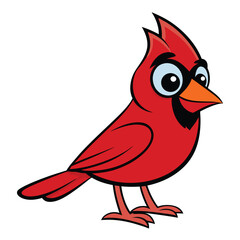Cartoon cardinal bird looks cheerfully with bright eyes on an isolated white background