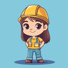 Cartoon Construction Worker with Yellow Hard Hat and Overalls Smiling