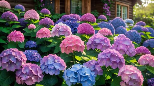 A lush garden showcases colorful hydrangeas framed by green leaves and a rustic wooden house behind.