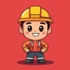 Cartoon construction worker with yellow hardhat and orange safety vest smiling