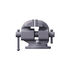 A gray metal vise with a screw mechanism sitting on a flat base against a plain white background space