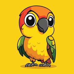 Cartoon Conure Parrot with Big Eyes and Orange Yellow and Green Plumage