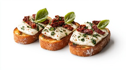 Three delicious mediterranean bruschetta pieces topped with melted mozzarella, sun-dried tomatoes, basil leaves, and herbs.