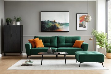 Modern living room with emerald green sofa and accent colors
