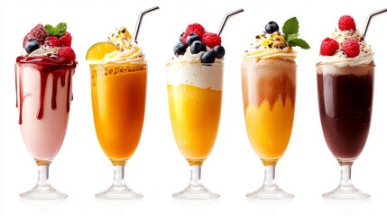 An array of five vibrant colorful fruit milkshakes with whipped cream, berries, and sauce on a white background studio shot.